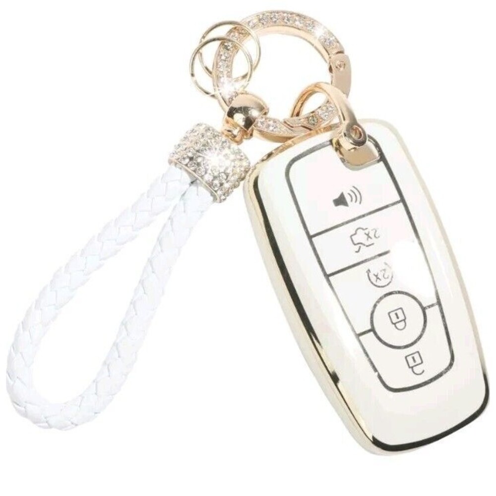 White &Gold Car Key Fob Cover Auto Accessories Fob‎ Case for Ford Bling Chain